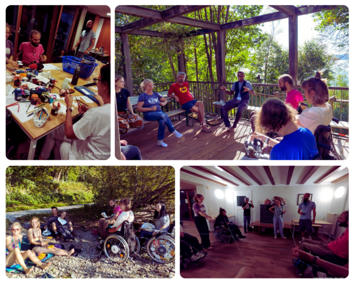Collage mit 4 Bildern vom "Gutes Leben Wochenende" 2025. Man sieht die Bewohnis von Gemeinwohlwohnen drinnen und draußen, wir sie in Kreisen oder an einem Tisch oder an einem Bach zusammensitzen und eine gute Zeit miteinander haben. Manche nutzen einen Rollstuhl, manche nicht. Manche sind weiß, manche haben andere Hautfarben. Es sind Erwachsene und Kinder zu sehen. 