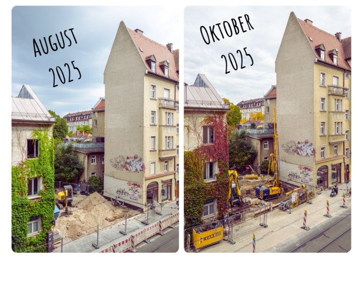 2 Bilder von der Baulücke in der Metzgerstraße. Auf dem linken steht "August 2025". Das Efeu des Nachbarhauses ist grün. In der Mitte ist ein Bagger, und ein Kieshaufen zu sehen. Auf dem rechen Bild steht "Oktober 2025". Die Blätter sind herbstlich verfärbt in rot und braun. Es sind 2 Bagger in einer bereits ausgehobenen Grube zu seehen. 