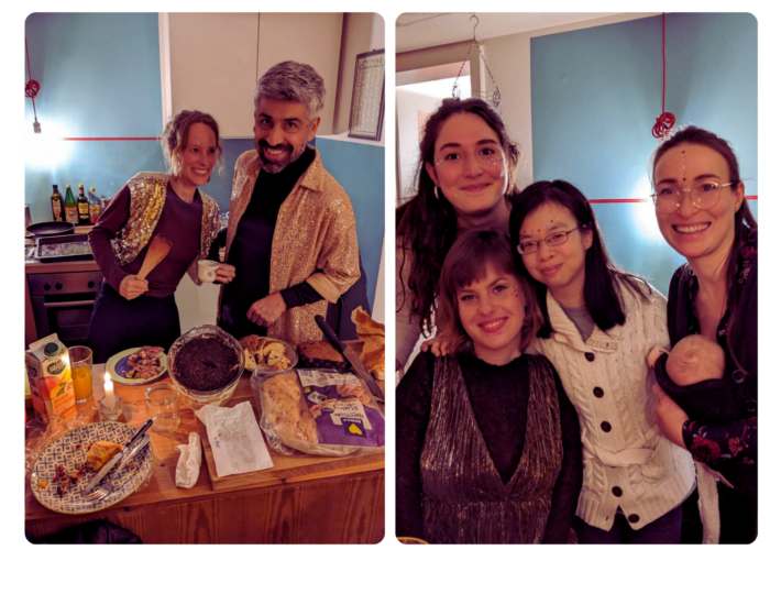 Collage aus 2Bildern. Links sind Steffi und Pablo zu sehen, die glitzer-Kleidung tragen und vor einem Tisch stehen, auf dem Brot, Kuchen und anderen Speisen und Getränke stehen. Im rechte Foto sind Pia, Jenny, Verena und Jazmin abgebildet, die zusammen für das Foto posieren. Die Menschen auf den Bildern sehen fröhlich aus. 