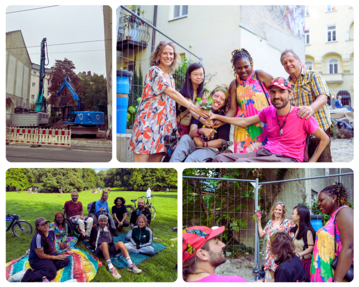 Collage aus 4 Bildern: Bild 1: ein Bagger ist zugange auf der Baustelle in der Metzgerstraße. Bild 2: Steffi, Jenny, Juliana, Lorenz, Samuel und Richard halten gemeinsam eine Blume. Sie sind bunt und  gekleidet und lachen. Samuel und Lorenz nutzen einen Rollstuhl. Bild 3: 8 Menschen sitzen auf einer Wiese und machen gemeinsam Picknick. Bild 4: 5 Menschen stehen vor einem Bauzaun auf dem Grundstütz der Metzgerstraße und lächeln.  