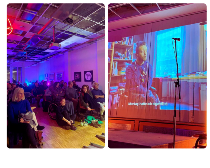 Collage aus 2 Bildern. Links sind ca. 20 Menschen unterschiedlichen Alters zu sehen, 1 Person davon im Rollstuhl, die in Richtung der Bühne blicken. Es ist ein Raum in Kösk, wo die Veranstaltung "Gemeinwohlfeiern" stattgefunden hat im Februar 2025. Rechts ist eine Leinwand zu sehen auf der Bühne im Kösk, auf die ein Video vom einem Interview mit Lorenz von Gemeinwohlwohnen projeziert wird. 