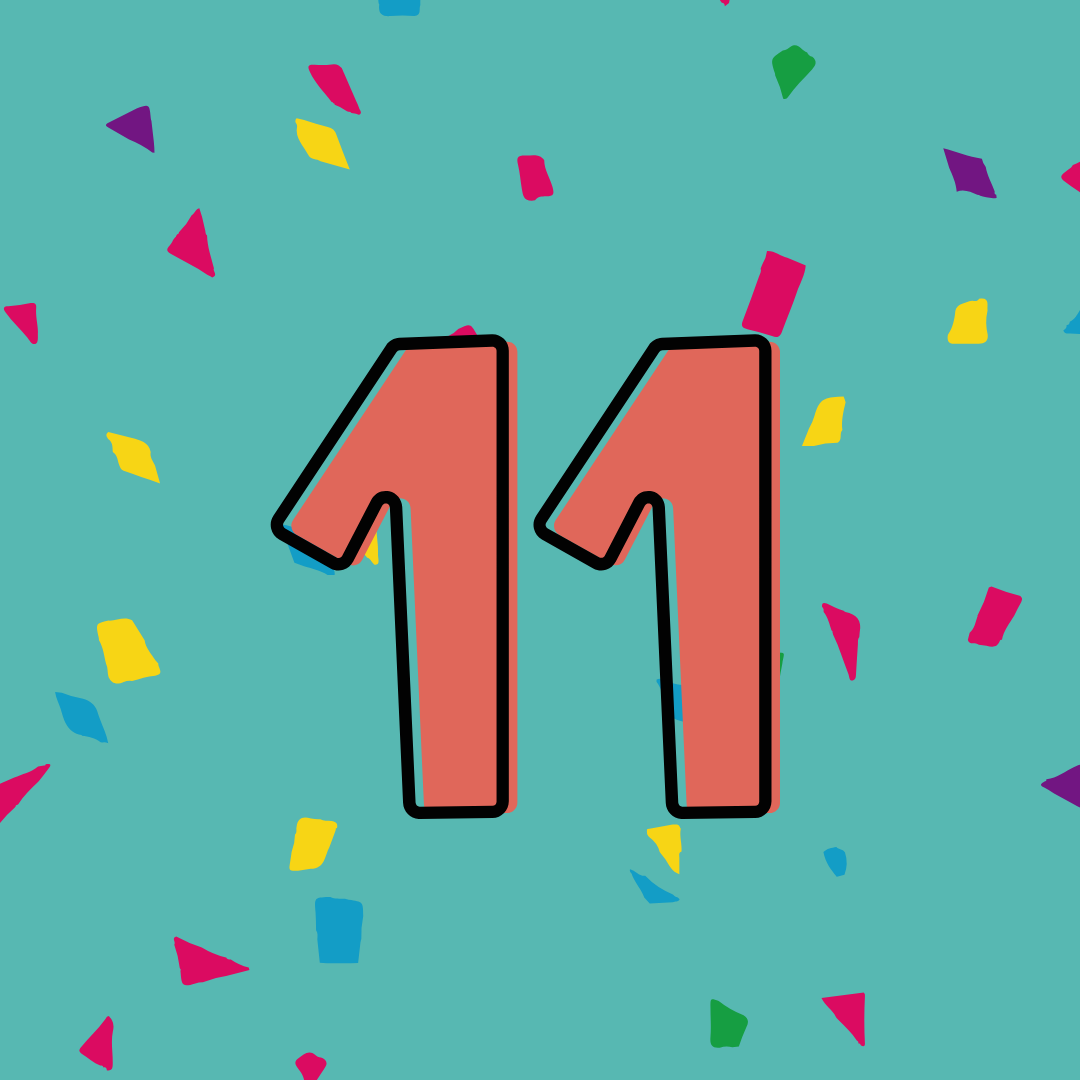 Zahl 11 auf türkisem Hintergrund, dahinter Konfetti